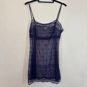 Vintage Victoria’s Secret Navy Sheer Mesh Embroidered Slip Dress Chemise Sz L
